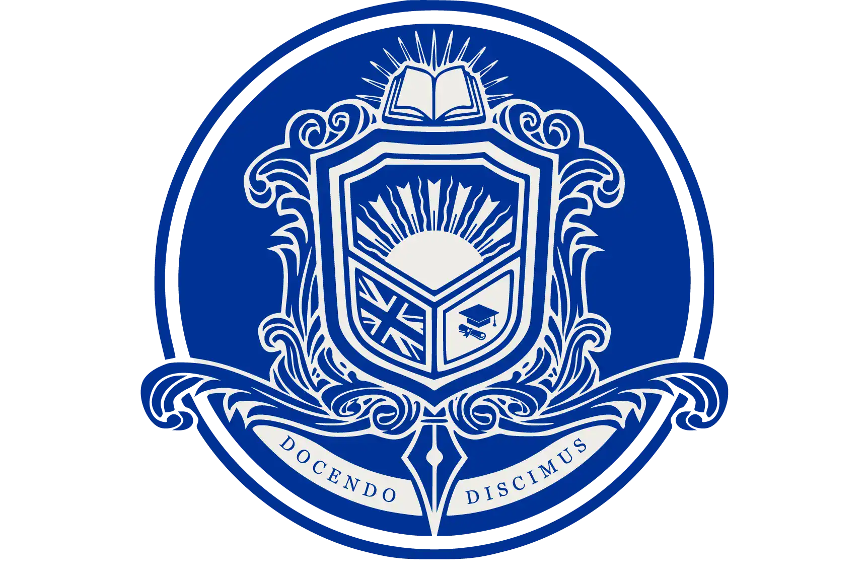 Logo of London Intercultural Centre featuring a shield, open book, and Latin motto.