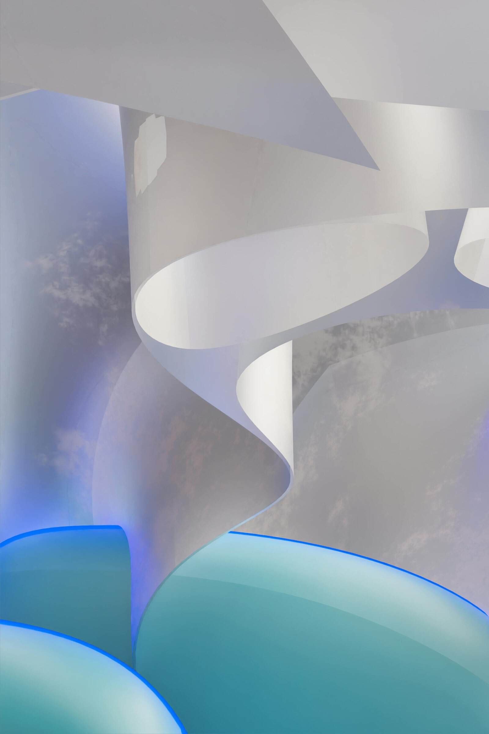 An abstract, modern spiral sculpture with glowing blue accents against a cloudy sky background.