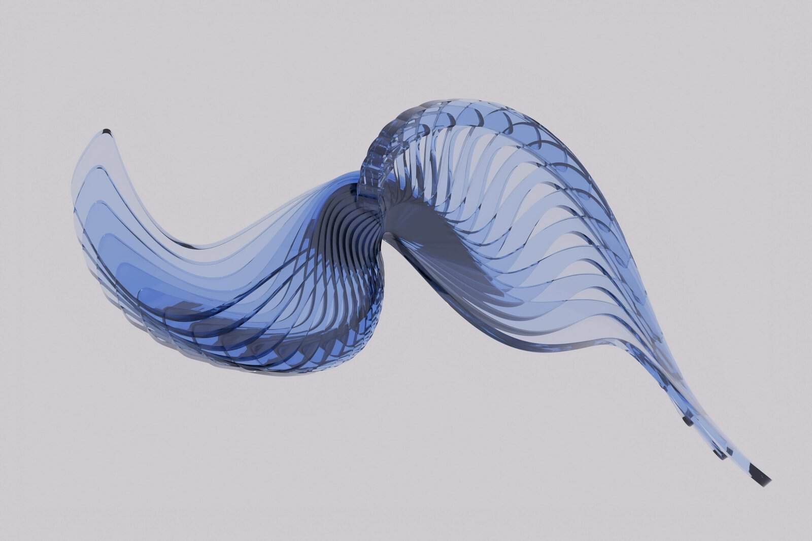An abstract, flowing blue ribbon sculpture with a metallic finish.